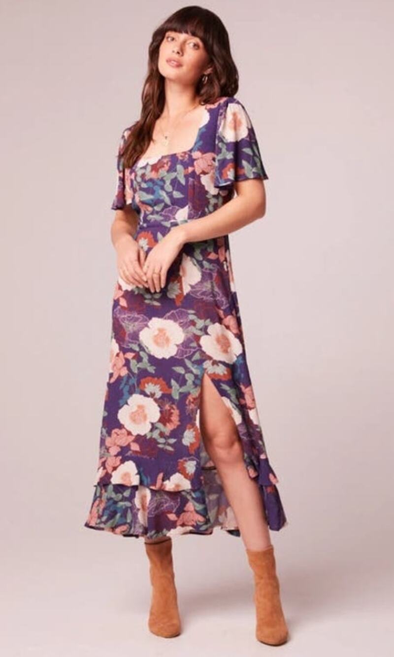 Band of the Free Purple Floral Square Neck Midi Dress - M